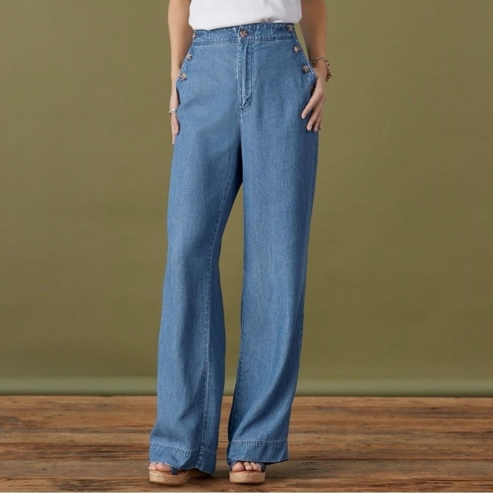 Sundance Oaklee Wide Leg Pants Lyocell Chambray Sailor Button High Rise Size 8
